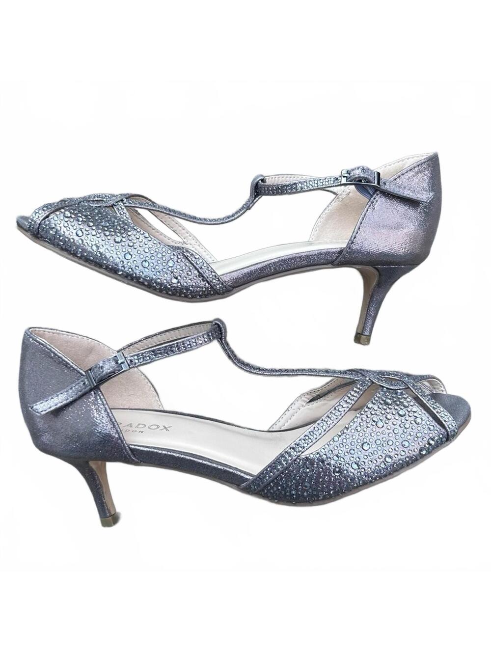 Paradox London T-Strap Open Toe Rhinestone Portobello Metallic Heels | Size 7.5